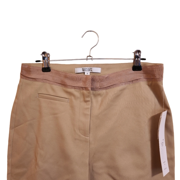 Badgley Mischka Ribbon Waist Ankle Pants Khaki Crop Skinny Work Trouser - Picture 8 of 12